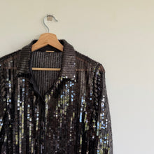 Load image into Gallery viewer, Elie Tahari Sequin Semi-Sheer Button Front Shirt Dress Black L NWT
