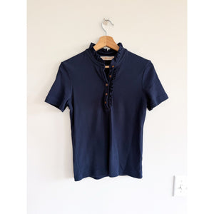Tory Burch Emily Ruffle Collar Short Sleeve Polo Shirt Navy Blue S