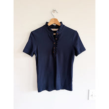 Load image into Gallery viewer, Tory Burch Emily Ruffle Collar Short Sleeve Polo Shirt Navy Blue S
