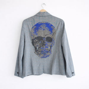 Hipchik Couture Beaded Blue Skull Plaid Single-Breasted Blazer Gray 14