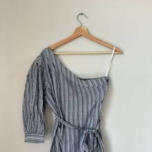 Load image into Gallery viewer, BCBGMAXAZRIA Jolee Cotton Striped One Shoulder 3/4 Sleeve Mini Dress Blue S
