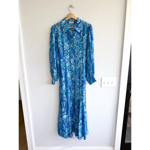 Rixo Maddison Geometric Print Button Front Long Sleeve Maxi Dress Blue M