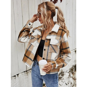 Plaid Flap Pockets Collared Button Front Shacket Brown Cream S