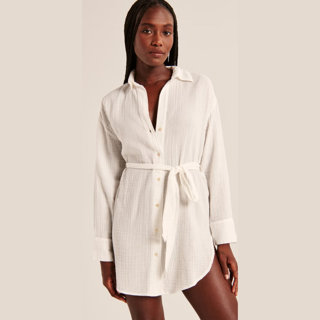 Abercrombie & Fitch Gauze Cotton Long Sleeve Swim Cover Up Shirt White M NWT