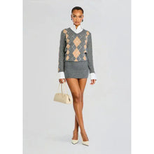 Load image into Gallery viewer, Retrofete Ornella Embellished Argyle Pattern Mini Sweater Dress Gray L NWT
