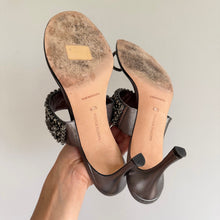 Load image into Gallery viewer, Manolo Blahnik Skyscan Metallic Leather Crystal-Embellished Toe Strap Sandals
