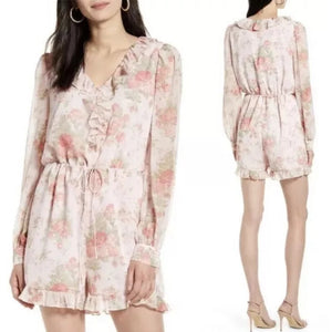 Rachel Parcell Sophia Floral Print Ruffle Long Sleeve Romper Pink M