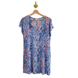 Lilly Pulitzer Duval Tic Tac Tile V-Neck Mini T-Shirt Dress Blue Pink S