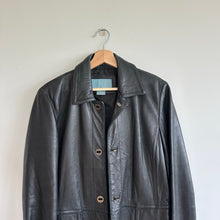 Load image into Gallery viewer, Nine West Genuine Leather Button Front Long Collared Trench Coat Black M
