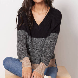 French Connection Lottie Colorblock V-Neck Pullover Sweater Black/Gray M