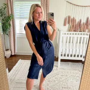 Classiques Entier Linen Blend Sleeveless Wrap Belted Dress Navy 10