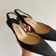 Load image into Gallery viewer, Manolo Blahnik Carolyne Glitter Pointed Toe Slingback Heels Black 8.5

