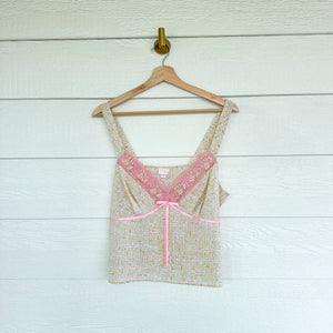 Intimates by Flora Lace Floral Print Cropped V-Neck Camisole Top Green/Pink M