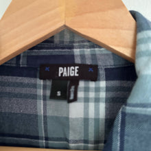 Load image into Gallery viewer, Paige Truddy Trellis Plaid Brushed Button Down Flannel Shirt Blue/Teal S
