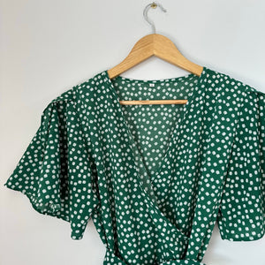 Daisy Print Short Sleeve Wrap Dress Green S