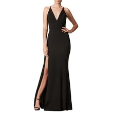 Load image into Gallery viewer, Dress The Population Iris Crepe Plunge V-Neck High Slit Sleeveless Gown Black 6
