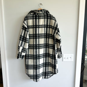 Steve Madden Plaid Mid-Length Button Front Shirt Jacket Ivory/Black S