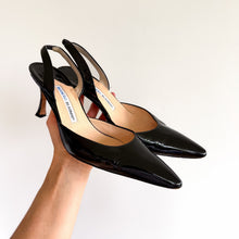 Load image into Gallery viewer, Manolo Blahnik Patent Leather Pointed-Toe Slingback Pumps Black 39.5
