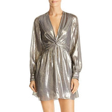Load image into Gallery viewer, Ramy Brook Elise Metallic Twist Front Long Sleeve V-Neck Mini Dress Gold S

