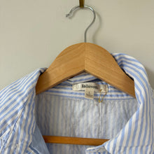 Load image into Gallery viewer, Lalavon Striped Long Sleeve Button Front Mini Shirt Dress Blue L
