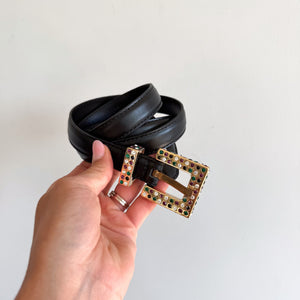 Sezane Charline Cow Leather Multicolor Crystal Gold Buckle Belt Black
