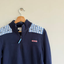 Load image into Gallery viewer, Vineyard Vines Shep Shirt Gingham Whale Shoulder 1/4 Zip Sweatshirt Blue M
