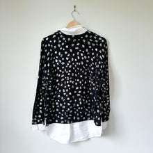 Load image into Gallery viewer, Chico&#39;s Foil Spotted Built-In Shirt Knit Pullover Collared Sweater Black L NWT
