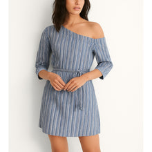 Load image into Gallery viewer, BCBGMAXAZRIA Jolee Cotton Striped One Shoulder 3/4 Sleeve Mini Dress Blue S
