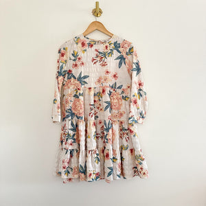 Zara Ecru Floral Textured Tiered 3/4 Sleeve Mini Dress Cream XS