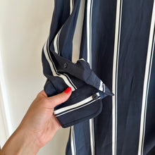 Load image into Gallery viewer, Rag &amp; Bone Jacklin Striped Pattern Draped Long Sleeve Mini Dress Navy XS NWT
