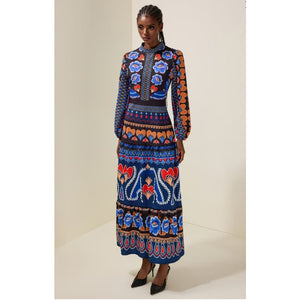 Avara Desi Floral Paisley Print Crew Neck Long Sleeve Maxi Dress Blue S