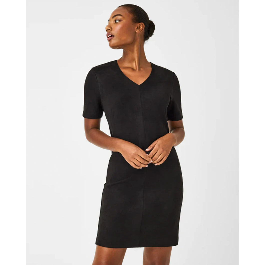 Spanx Faux Suede Column V-Neck Short Sleeve Dress Black XL