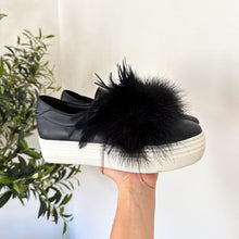 Load image into Gallery viewer, Here/Now Lily Feather Pom Leather Slip On Platform Sneaker Black 8.5
