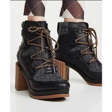 Load image into Gallery viewer, NEW SOREL Blake Lace Up Block Heel Leather Ankle Bootie Black/Brown 5
