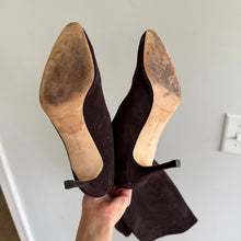 Load image into Gallery viewer, Manolo Blahnik Suede Pull-On Pointed Toe Tall Heeled Boots Brown 10.5
