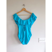 Load image into Gallery viewer, La Blanca Off Shoulder Ruffles Trim One Piece Swimwear Blue 12 NWT
