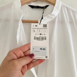NWT Zara Half Sleeve Henley Neck Lightweight Mini Shirt Dress White L