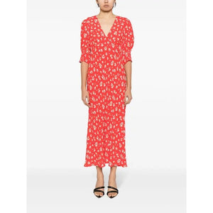 RIXO Zadie Floral Pattern Puff Sleeve Midi Dress Red White 10