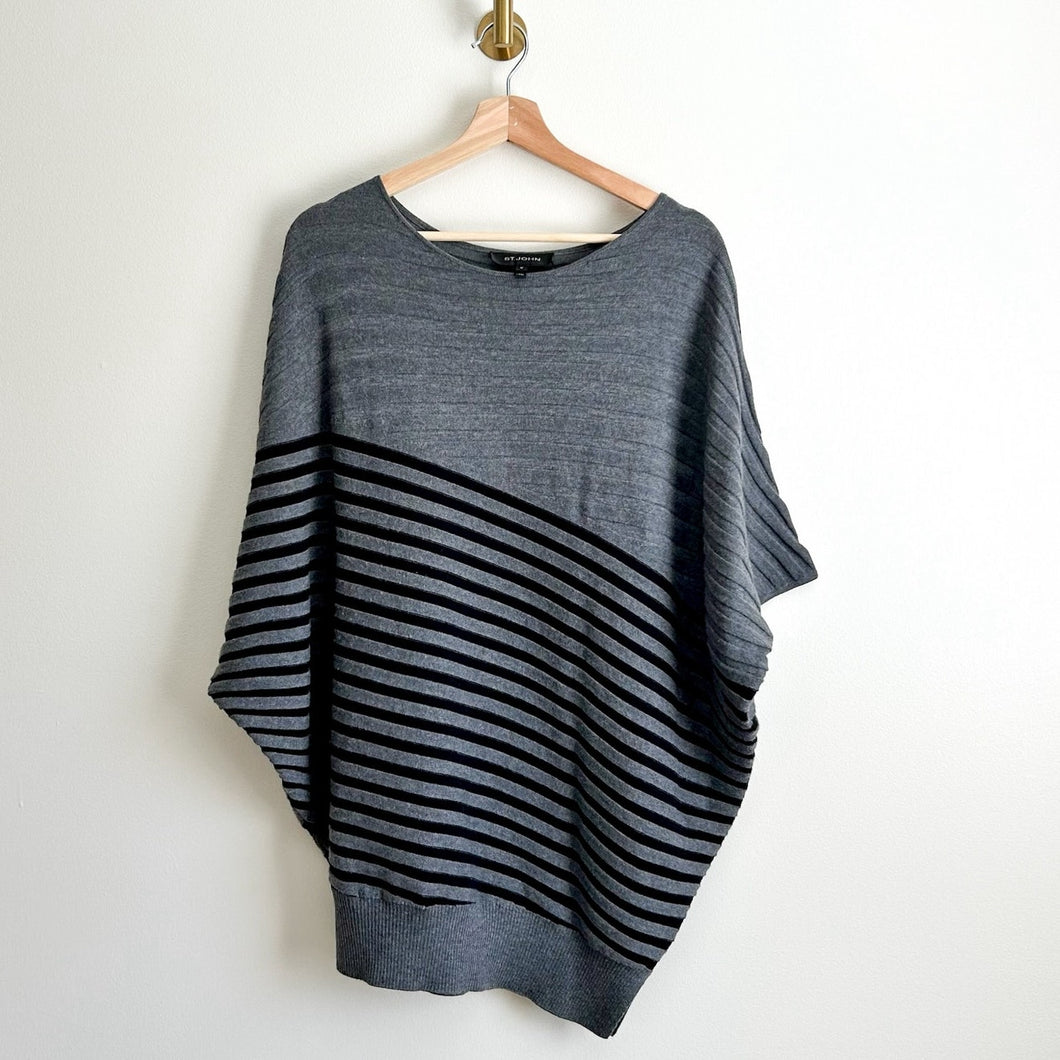 ST. JOHN Wool Ribbed Asymmetrical Drop Waist Pullover Tunic Gray Black M
