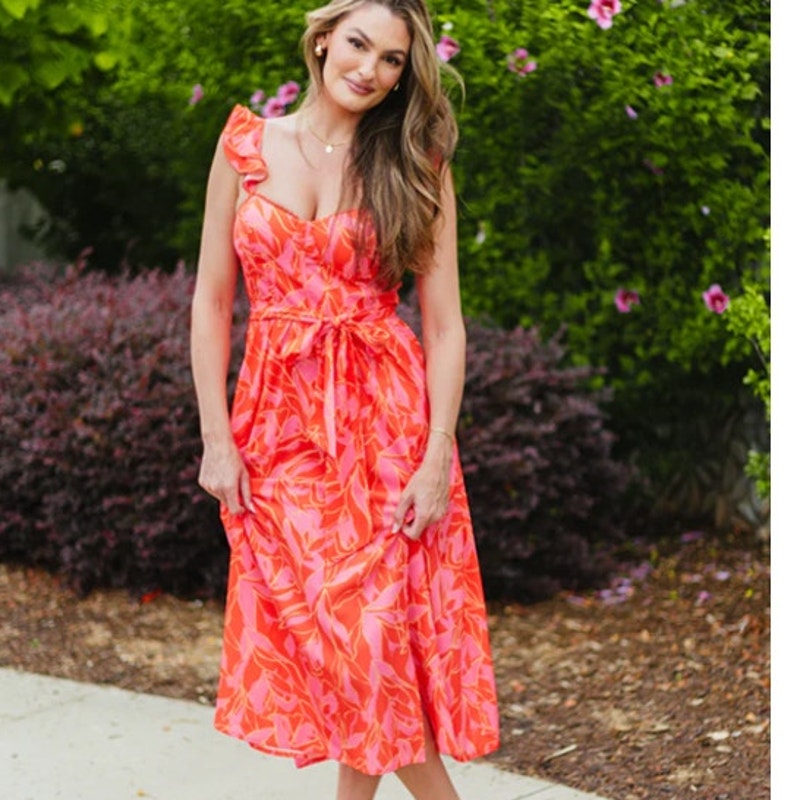 NWT Vestique Summer Plans Ruffles Sweetheart Neck Midi Dress Red L