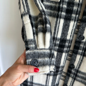 Steve Madden Plaid Mid-Length Button Front Shirt Jacket Ivory/Black S