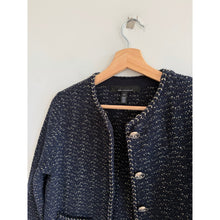 Load image into Gallery viewer, White House Black Market Glam Tweed Cropped Stylist Jacket Blue Gold XS

