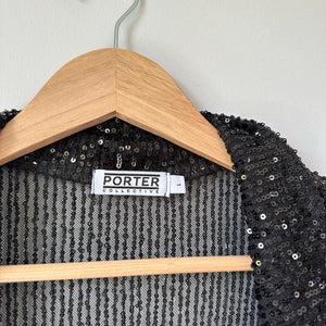 Porter Collective Sequins Townes Sheer Button Front Long Sleeve Blouse Black L