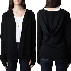 Zadig & Voltaire Cosany Rhinestone Embellished Hooded Cashmere Cardigan Black