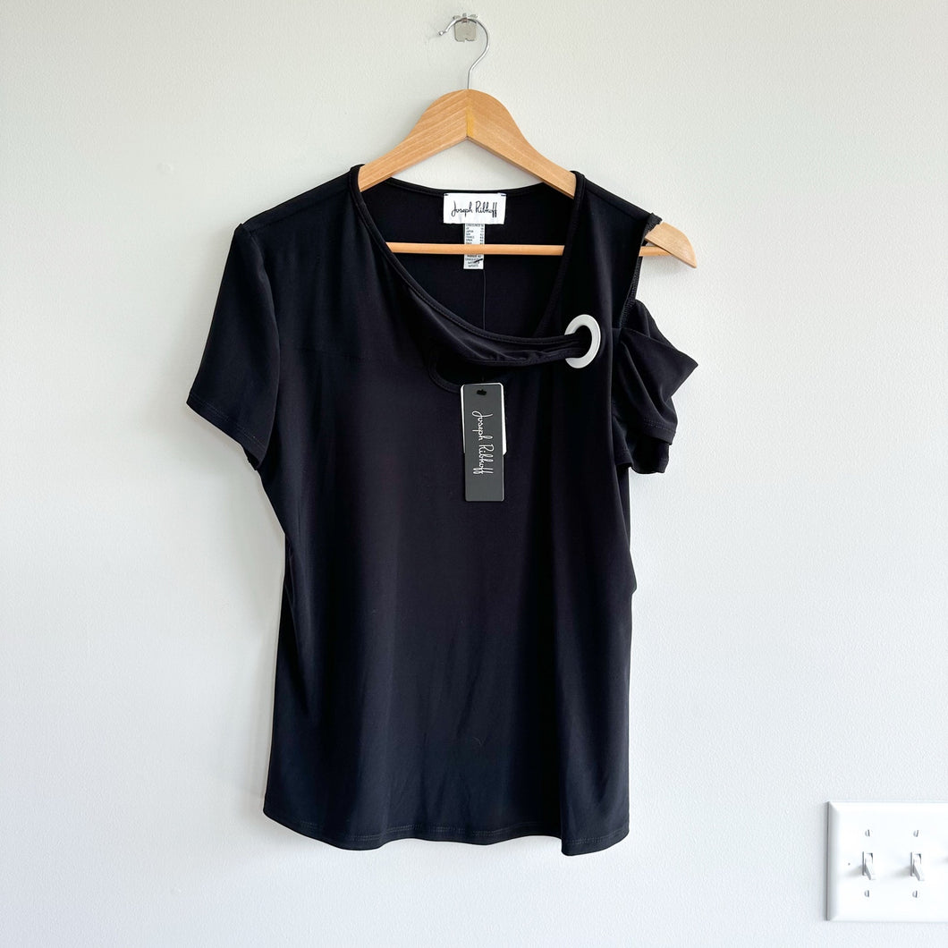 Joseph Ribkoff Keyhole Cut Out Short Sleeve Cold Shoulder Top Black 14 NWT