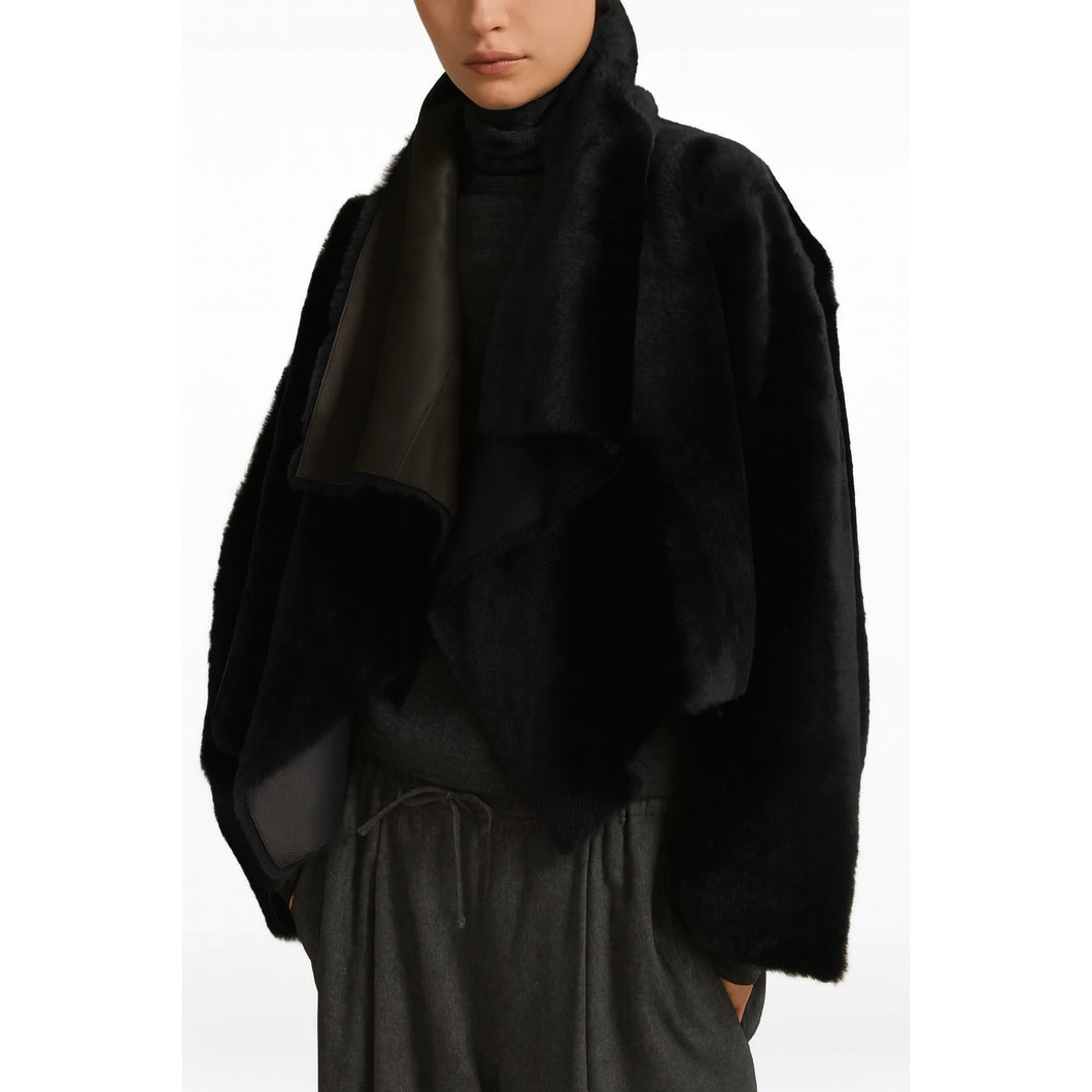 Yves Salomon Draped Lacon Lamb Leather Open Jacket Black 34 NWT