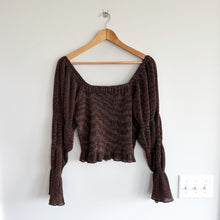 Load image into Gallery viewer, Anthropologie Bishop Smocked Metallic Shimmer Bell Sleeve Cropped Blouse Brown M
