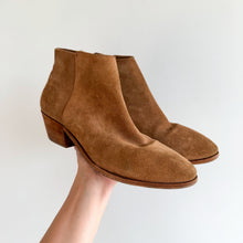 Load image into Gallery viewer, Thursday Suede Handcrafted Side Zip Heeled Ankle Bootie Brown 9.5
