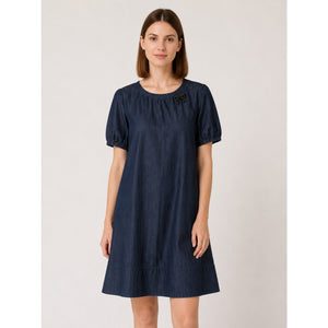 'S Max Mara Chambray Puff Sleeve Beaded Brooch Mini Dress Denim Blue 12