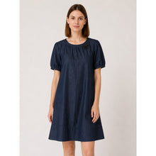 Load image into Gallery viewer, 'S Max Mara Chambray Puff Sleeve Beaded Brooch Mini Dress Denim Blue 12
